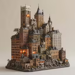 an illuminated model of a city with many buildings