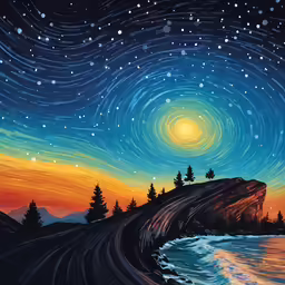 a painting of the night sky over water and land