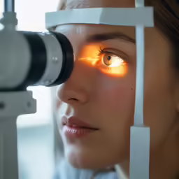 a woman looking through an optical glass at the viewer