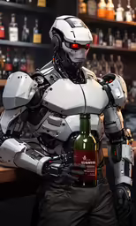 a person in a white robot suit standing by a bar