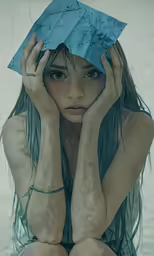 a girl is sitting in the water holding a blue umbrella over her head