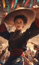a lady with large hats and people behind her