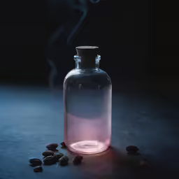 a glass bottle filled with liquid and coffee beans