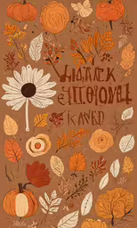 an illustrated illustration with leaves and flowers, with words that spell autumn,autumn card with words that read hakaki atonol i amk