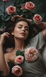 a beautiful woman laying in a lush pink rose field