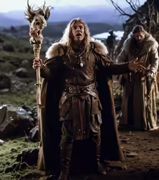 a man dressed up like a warrior with horned head and arm armor and horned staffs is standing in front of a group of men