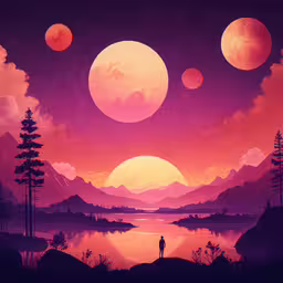 an image of some moon and trees near the water,two people stand on a shore, gazing at a sunset with rising moon and full - moon sky