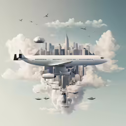 an airplane flying through the clouds over a city
