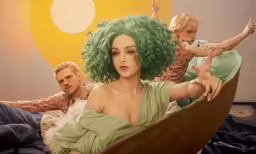 a digital painting of a woman sitting in bed with three other people