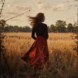 a woman with long hair walking through an open field