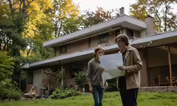 a woman standing in front of a building while talking to another woman