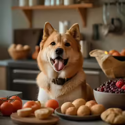 a dog sitting next to plates and fruits
