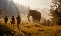 two women walk behind two large animals on a sunny day