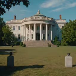 there is a large building with columns on the sides and two graves outside