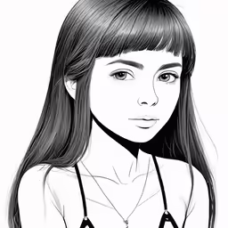 a drawing of a young girl with long black hair and bangs