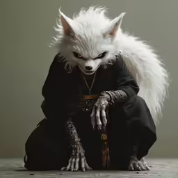 a white furry animal dressed in black sits on the ground