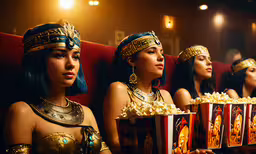 a row of women in egyptian garb on a theater,the girls are watching movies in a theater