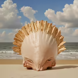 the head and face of an elaborate shell laying on the beach