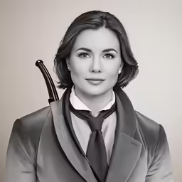a woman in a suit holding an umbrella