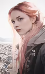 the young woman is standing on the side of the hill
