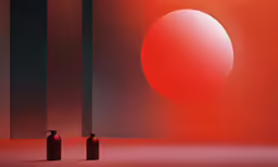 the two red canisters stand in front of an oval light