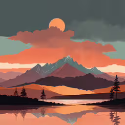 a colorful painting of mountains and trees in front of a sunset,a painting of a large mountain range and a lake