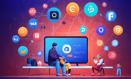 an animation of two people sitting next to each other,two people sit on a bench and chat with social icons surrounding them