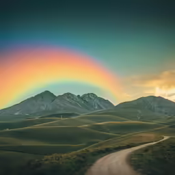 a beautiful rainbow shines in the background over rolling hills
