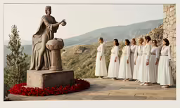 seven women are dressed in white dresses and one woman stands in front of a statue