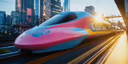 a pink and blue train traveling down a track