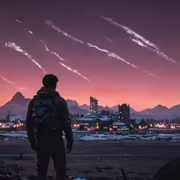 a man is looking at the sky at night