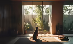 a cat sits on a mat inside an office setting