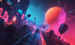 people sitting at a train station looking at a strange alien