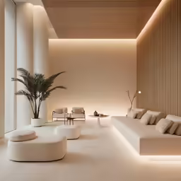 an elegant white room is accented with light from below