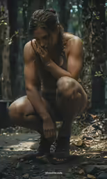 a naked man in shorts squatting down
