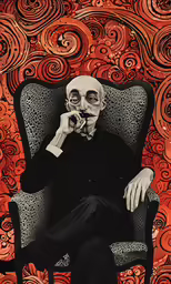 an older man sitting on a chair talking on a phone