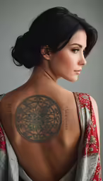 a woman wearing a floral dress with tattoos