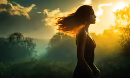 a girl is standing in the field at sunset