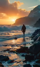 a person walks along the beach at sunset