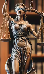 the statue of lady justice stands in the courtroom