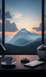 the view of mountains is seen through the window