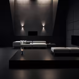 a large white couch and black tables in a room