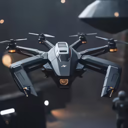 a man holding a remote control flying a large black object