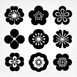 nine black flowers that are not a print,a set of nine stylized flower illustrations