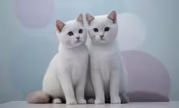 a pair of white cats sitting next to each other on top of a table