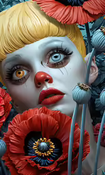 a woman with flowers and a scary face in the center