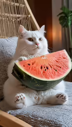 a white cat is holding a sliced watermelon on its back