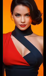 a woman with a very long neck and black top posing