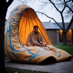 there is a man sitting in a tent in the yard