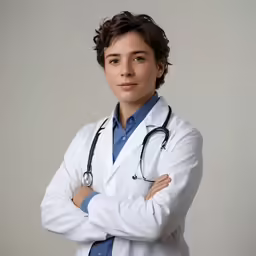 a woman in a white coat posing with her arms crossed